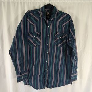 Saddle King Western Pearl Snap Men's 34 15.5 Green Striped Long Sleeve Cotton Bl